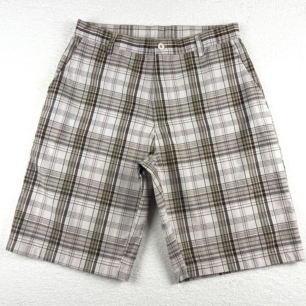 Burnside Chino Shorts Mens 32 Beige Plaid Flat Front Casual Outdoor Golf Beach